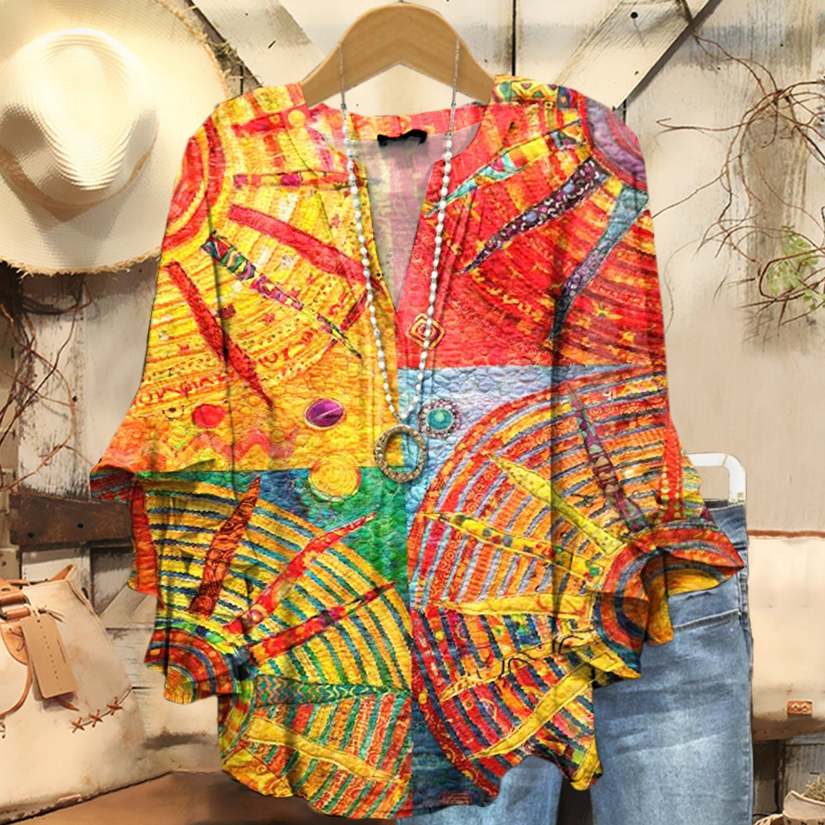 Women's Bohemian Sun Collage Art Pattern Print Casual Ruffle Sleeve To