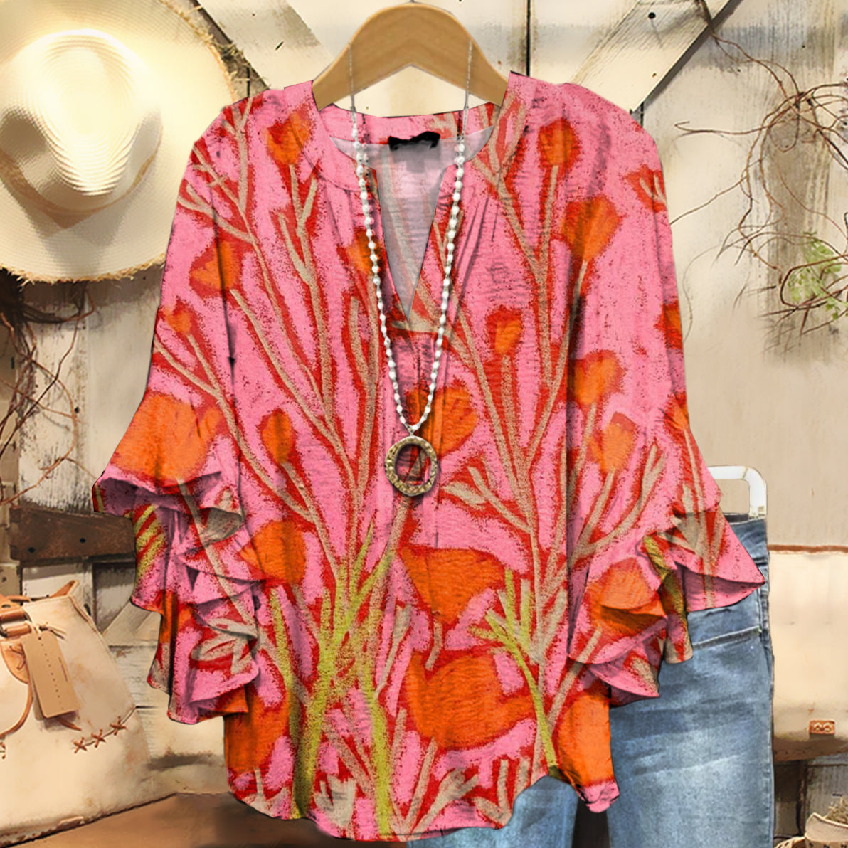 Women's Vintage Floral Art Print Casual Cotton And Linen Shirt