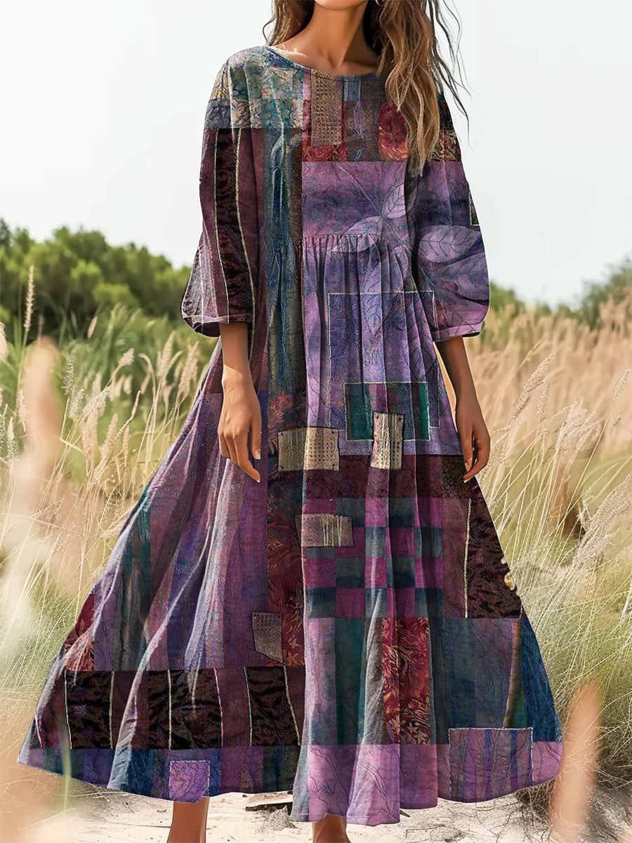 Women's Vintage Floral Patchwork Art Print Flowy Cotton Crew Neck Dres