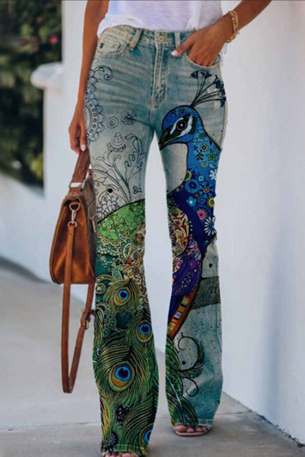 Printed Faux High Rise Flare Pants