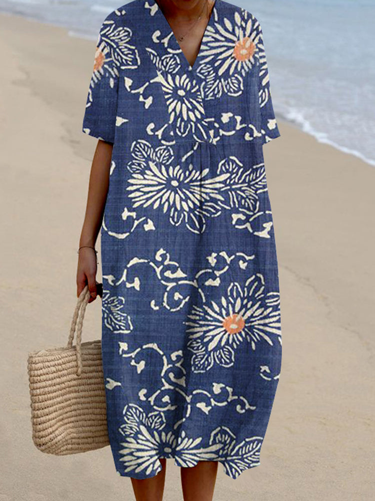 Japanese Art Flower Print V-Neck Casual Midi Dress