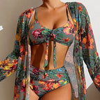 Tropical Tie Front Bikini With Kimono