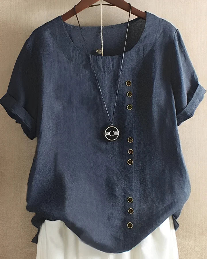Linen Button Detail Short Sleeve Top