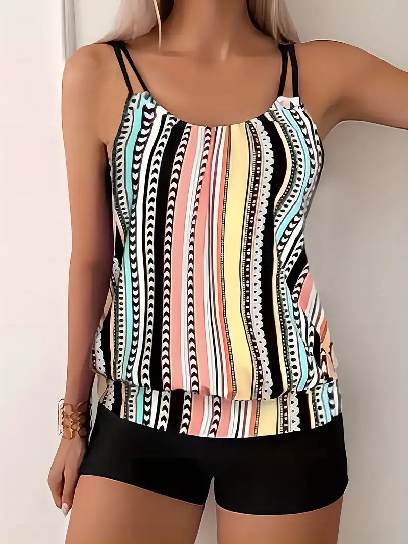 Striped tankini with print