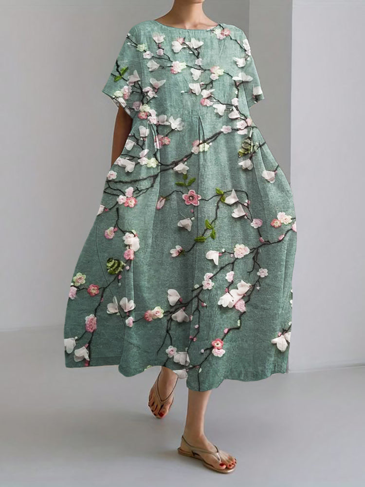 3D Floral Embroidered Lace Linen Blend Maxi Dress