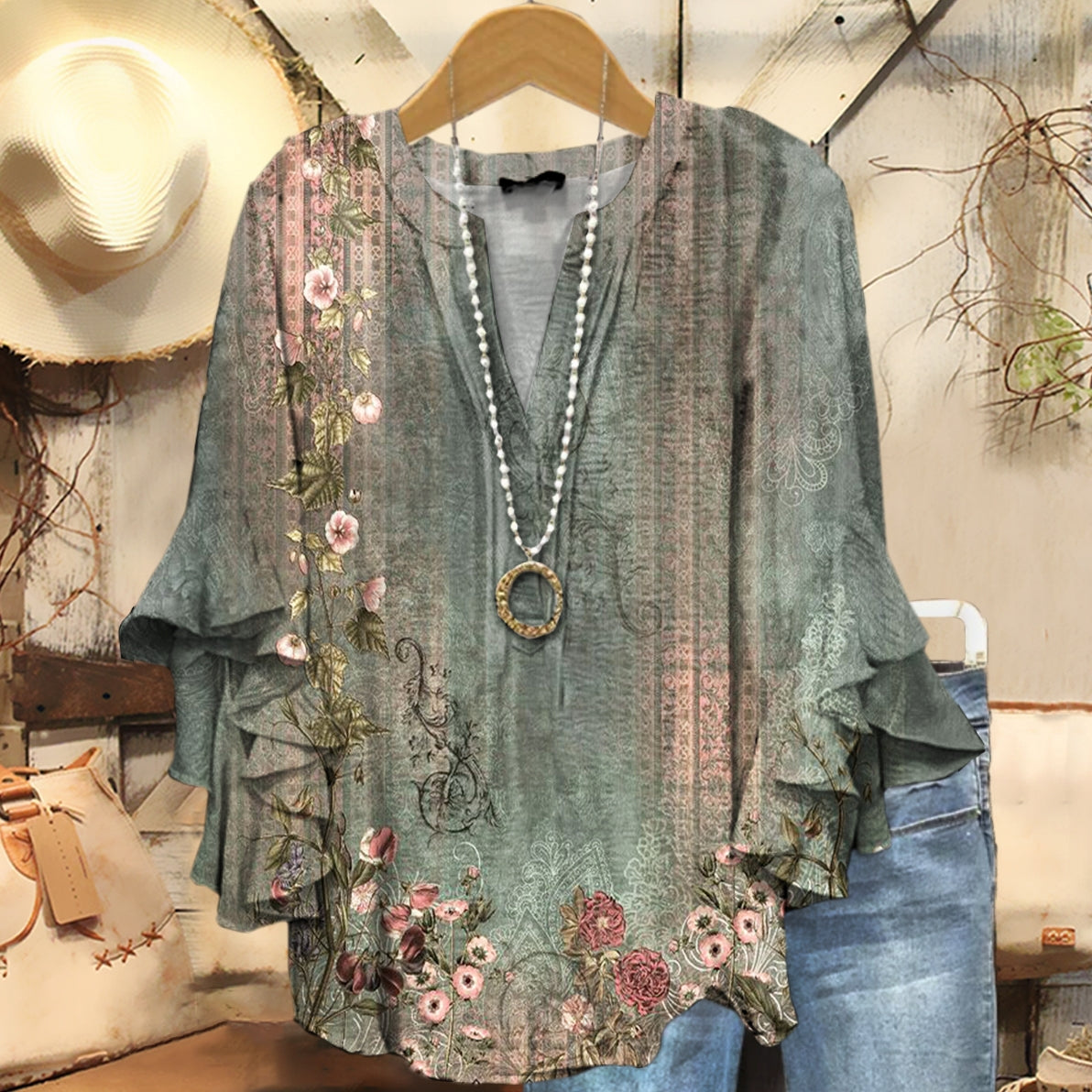 Women's Vintage Ethnic Floral Art Print Casual Cotton Shirt