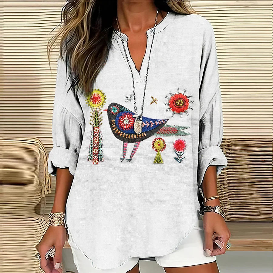 Folk Bird Embroidered Tunic Blouse