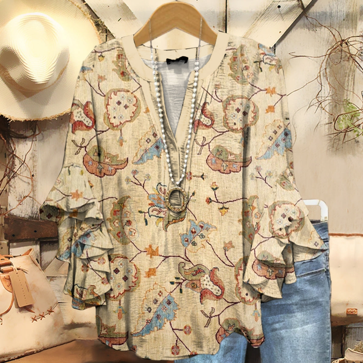 Women's Folk Floral Art Print Casual Ruffle Sleeve Top