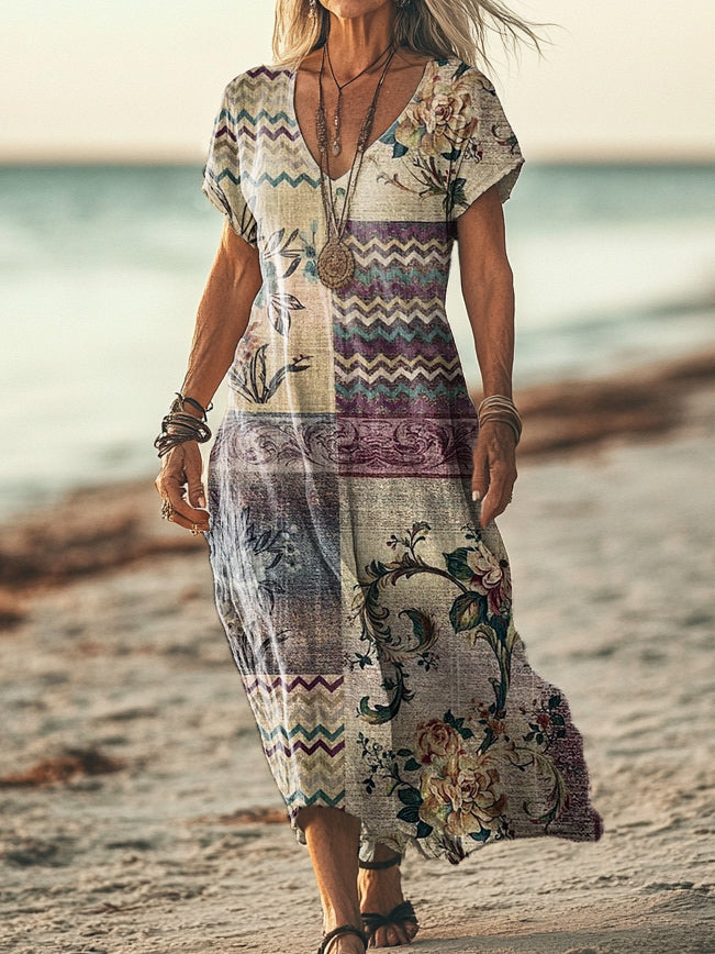 Women's Vintage Ethnic Floral Art Print Pocket Cotton Dress