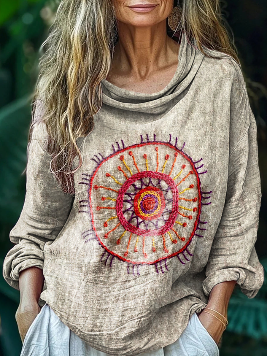 Women's Vintage Textured Art Print Casual Stacked Lapel Long Sleeve Co