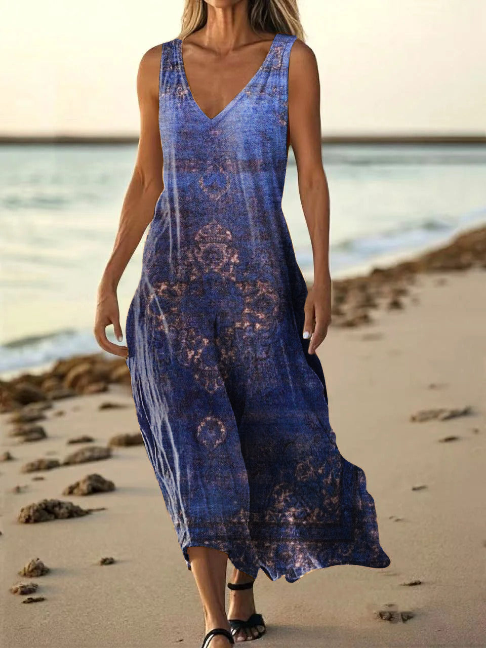 Women's Vintage Ethnic Floral Art Print Pocket Cotton Dress