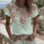 Women's Vintage Pink Rose Embroidery Art Round Neck Short Sleeve Linen Blend T-shirt artswardrobe