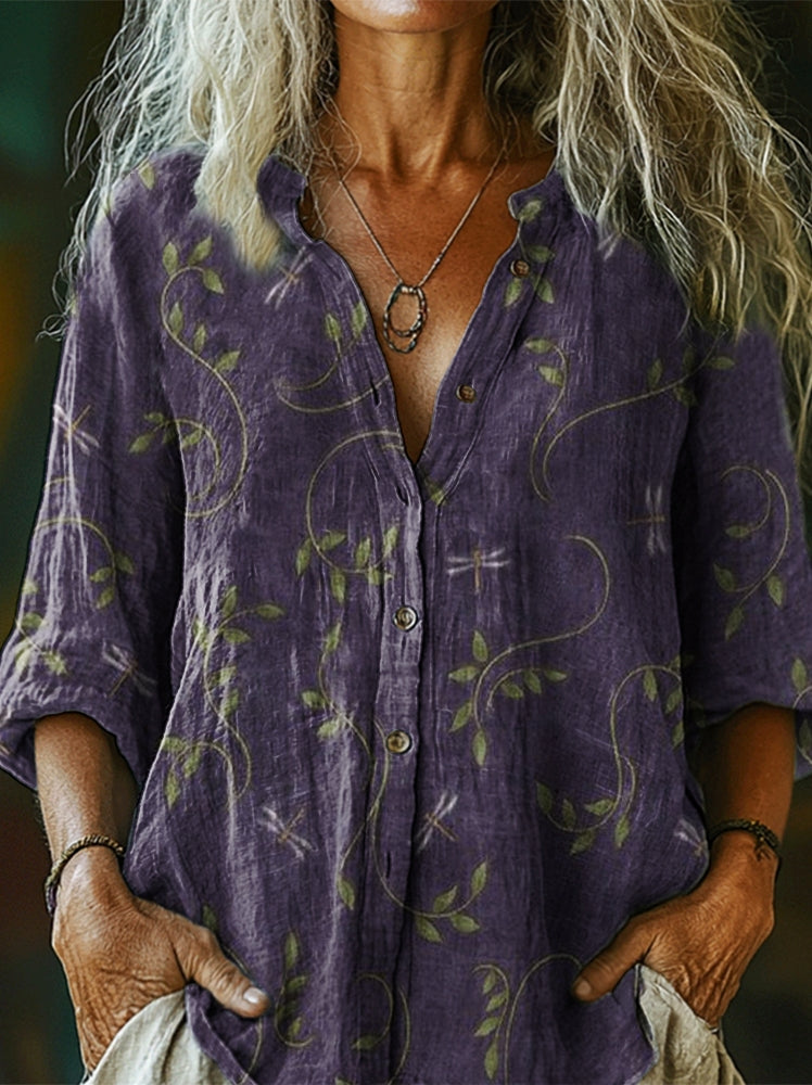 Women's Vintage Floral Art Pattern Print Casual Cotton Linen Shirt