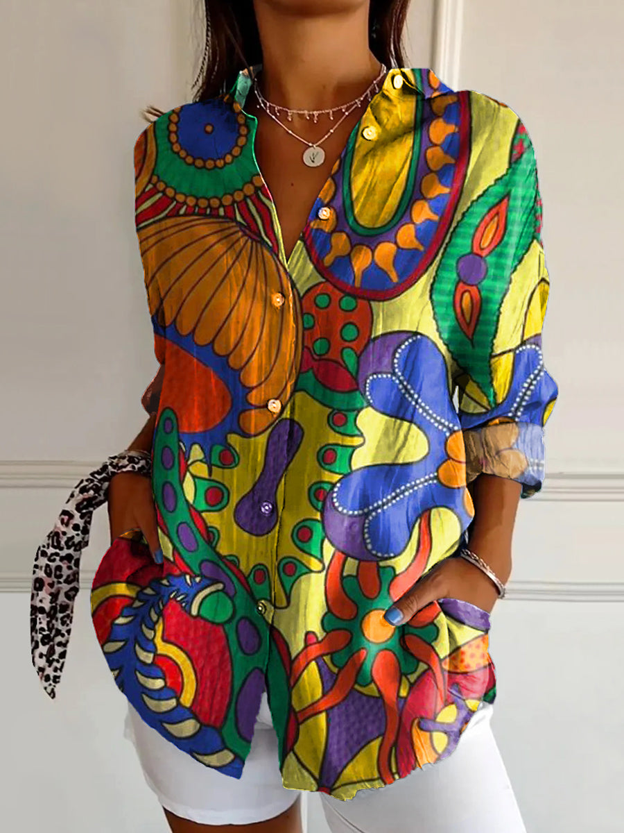 Women's Art Floral Hippie Print Long Sleeve Shirt