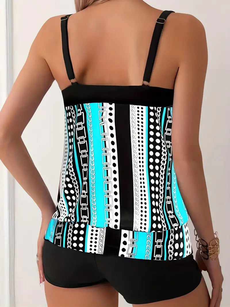 Striped tankini with print