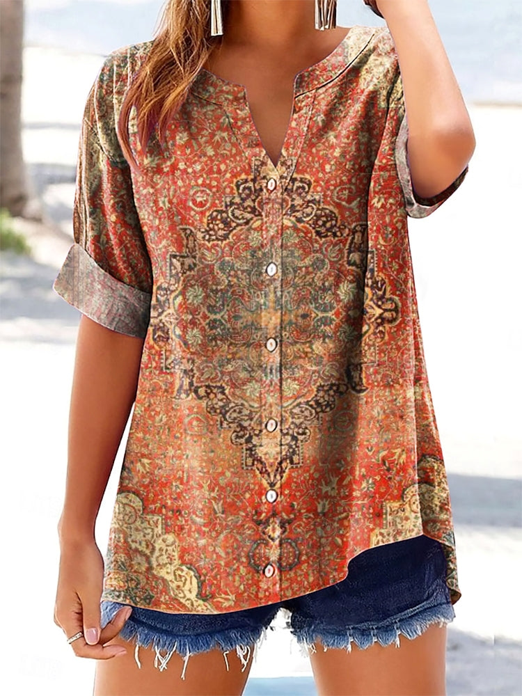 Women's Retro Ethnic Totem Art Print Short Sleeve Cotton and Linen Shi