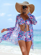 Floral Tie-Front Set with Kimono