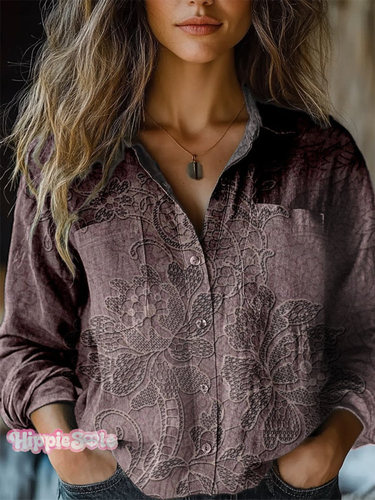 Women's Vintage Floral Lace Print Casual Long Sleeve Comfortable Cotto