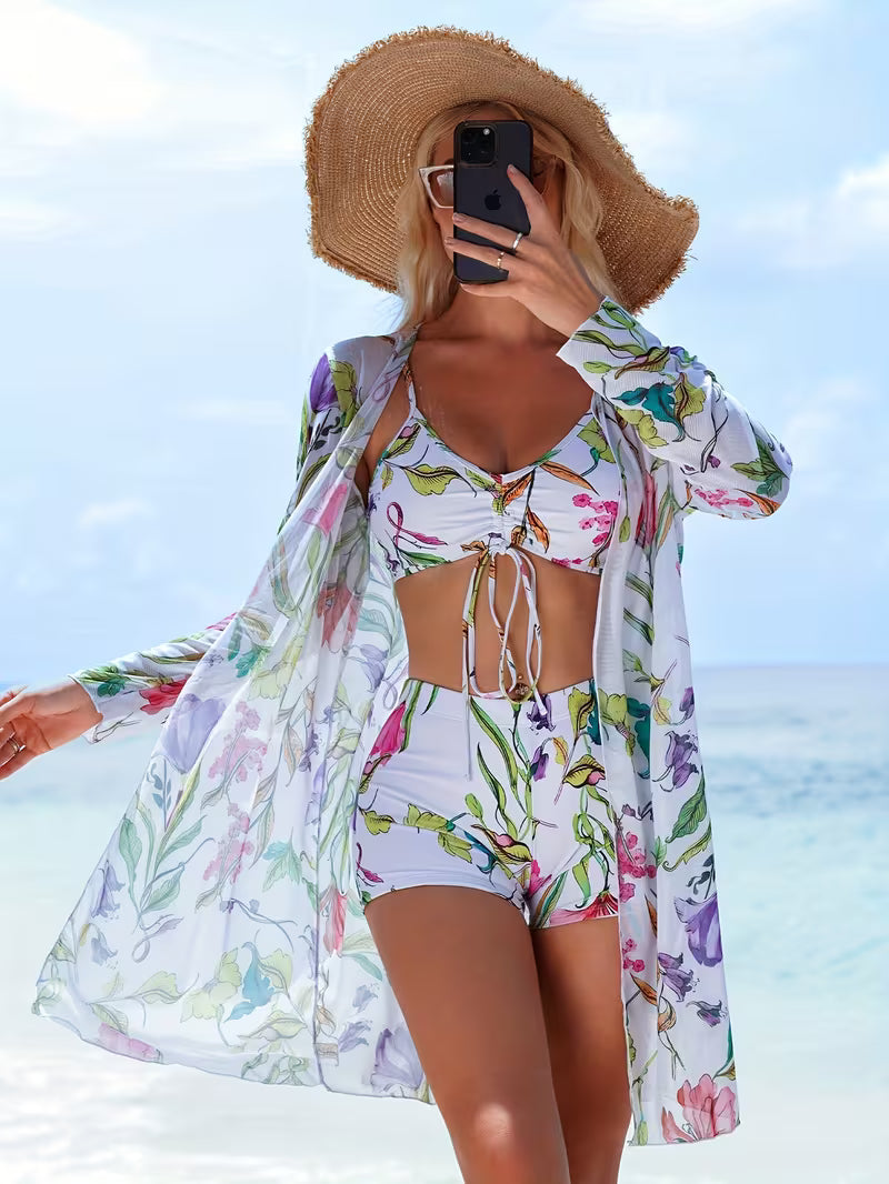 Floral Tie-Front Set with Kimono