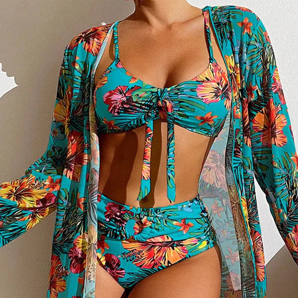Tropical Tie Front Bikini With Kimono