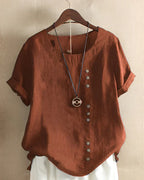 Linen Button Detail Short Sleeve Top