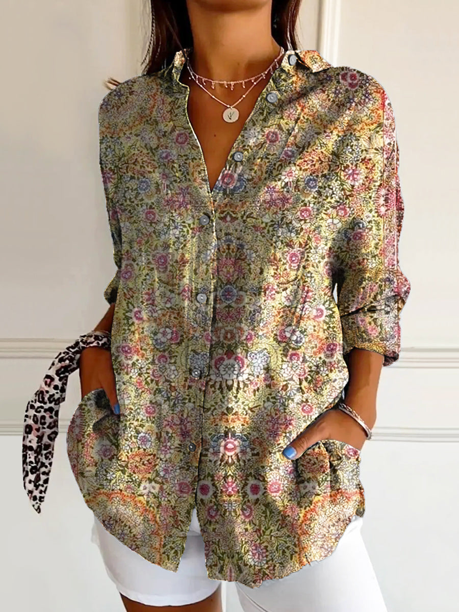 Women's Vintage Ethnic Floral Art Print Casual Cotton Shirt