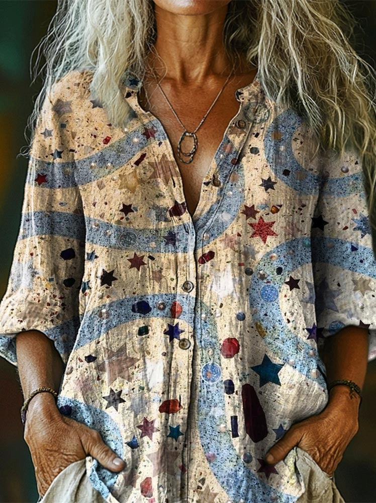 Women's Star Art Patterns Print Casual Cotton And Linen Shirt
