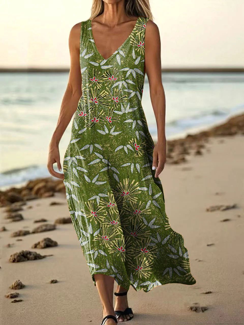 Women's Floral Art Print Pocket Cotton Dresses