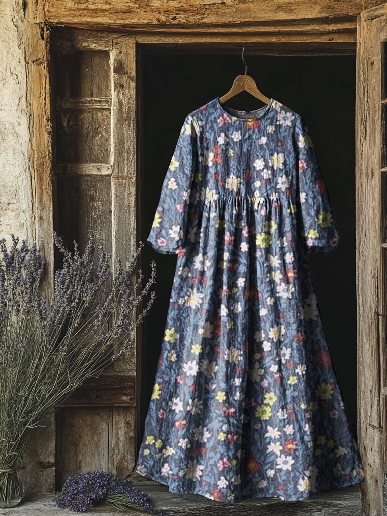 Women's Vintage Floral Print Flowy Cotton Crew Neck Dress