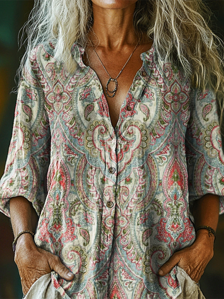 Women's Vintage Ethnic Floral Art Print Linen And Cotton V-neck Casual