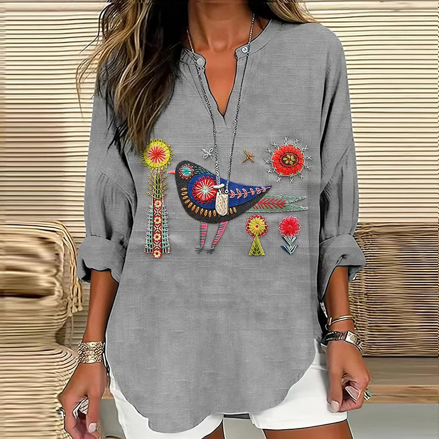 Folk Bird Embroidered Tunic Blouse