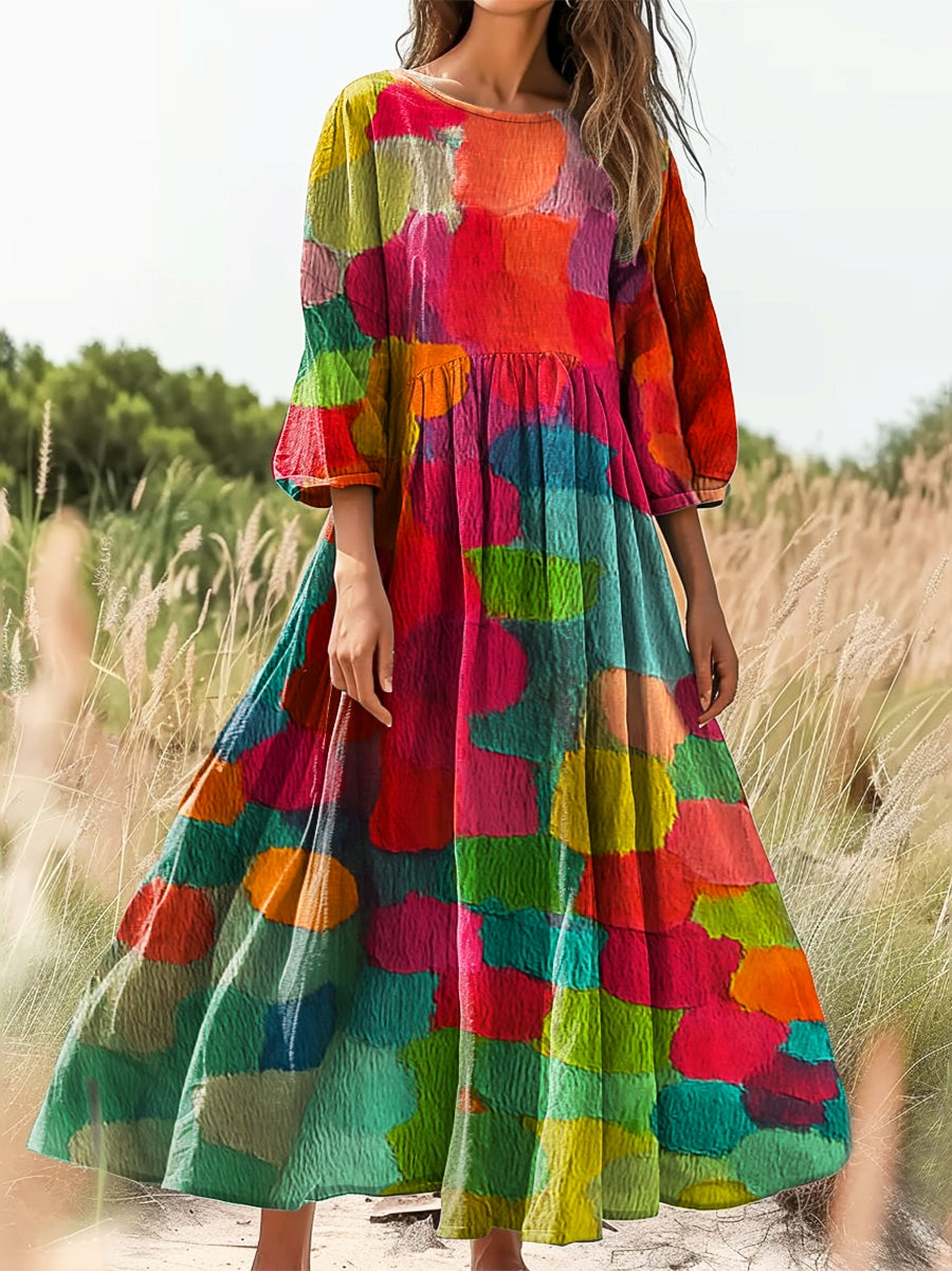 Women's Colorful Abstract Art Print Flowy Cotton Crew Neck Dress