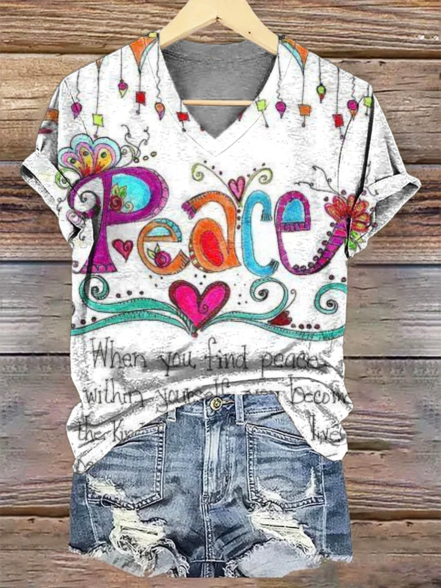 Women's Art Painting Hippie Print V-Neck T-Shirt