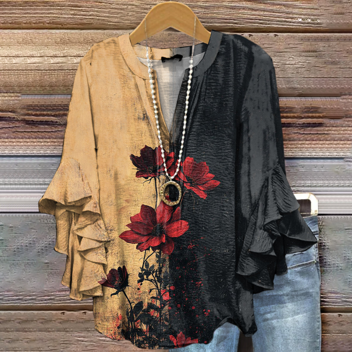 Women's Retro Rose Flower Art Print Casual Cotton And Linen Shirt