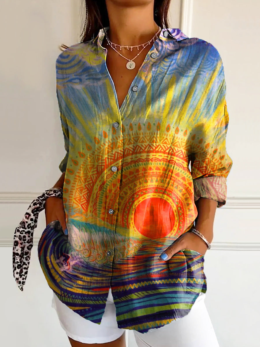 Women's Colorful Sun Art Print Casual Cotton Shirt