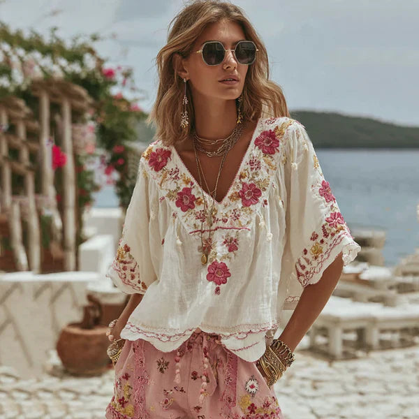 Linen Floral Embroidered Peasant Top
