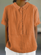 KS | Santorini - Women's plain-colored casual shirt with a round neckline and buttons.