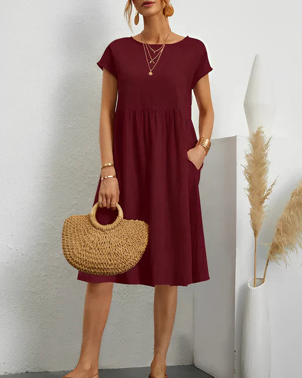 Cotton Gathered Waist Pocket Dress