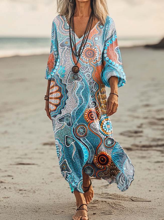 Women's Irregular Pattern Art Print Pocket Cotton Dresses