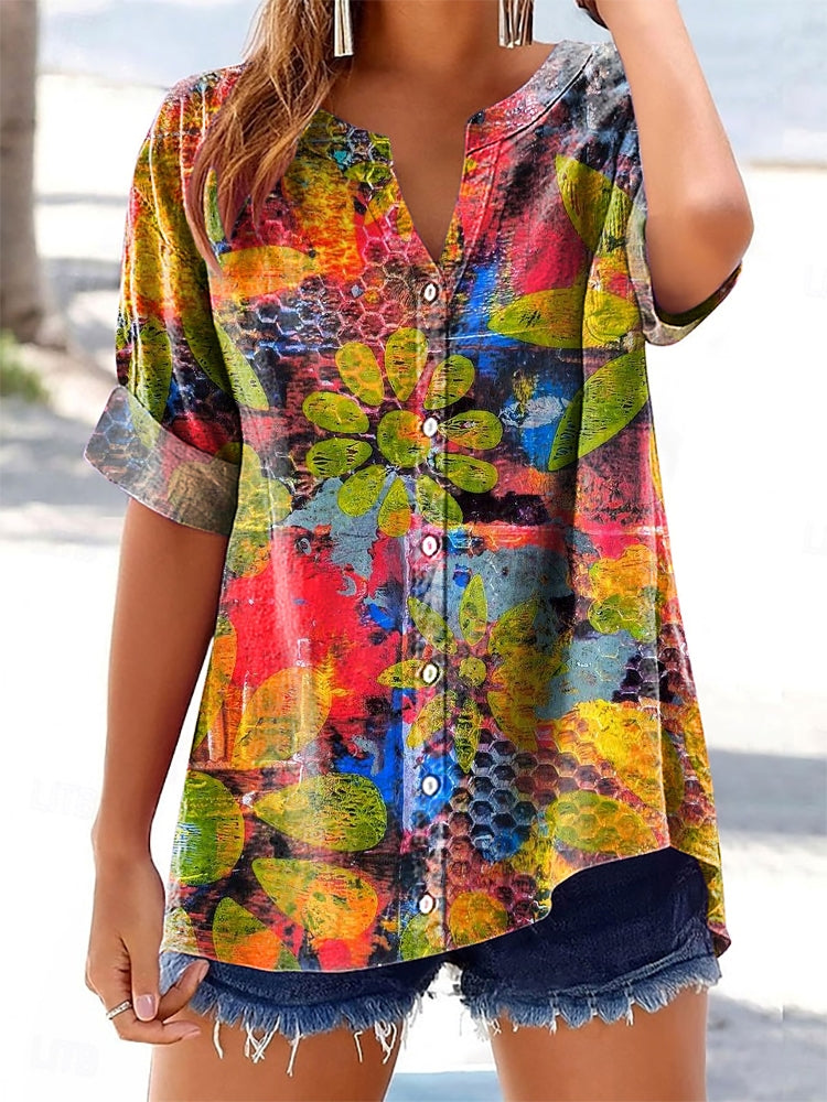 Women's Watercolor Floral Print Short Sleeve Cotton and Linen Shirt