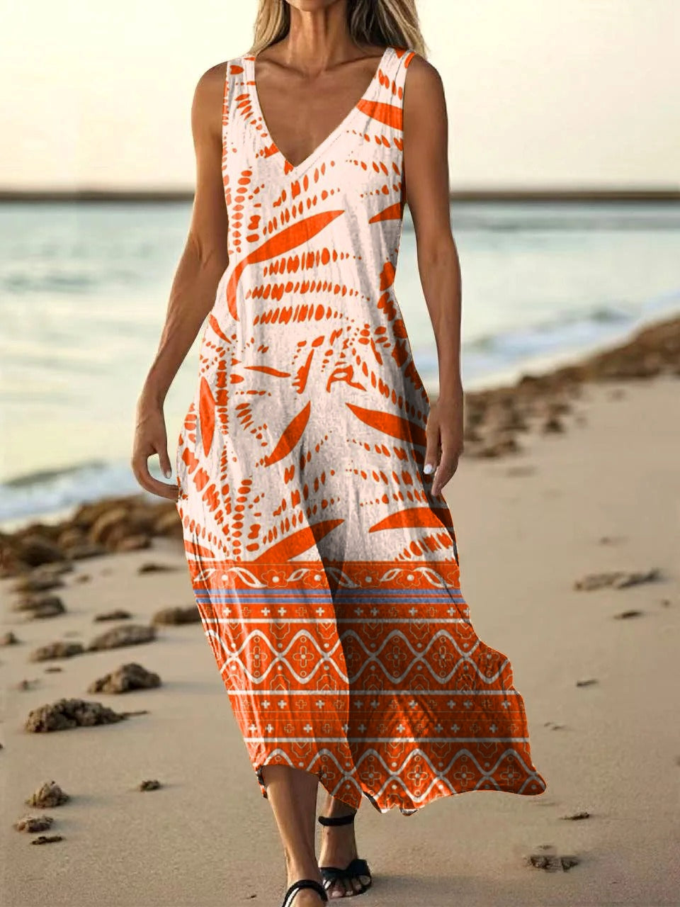 Women's Ethnic Floral Pattern Art Print Pocket Cotton Dresses