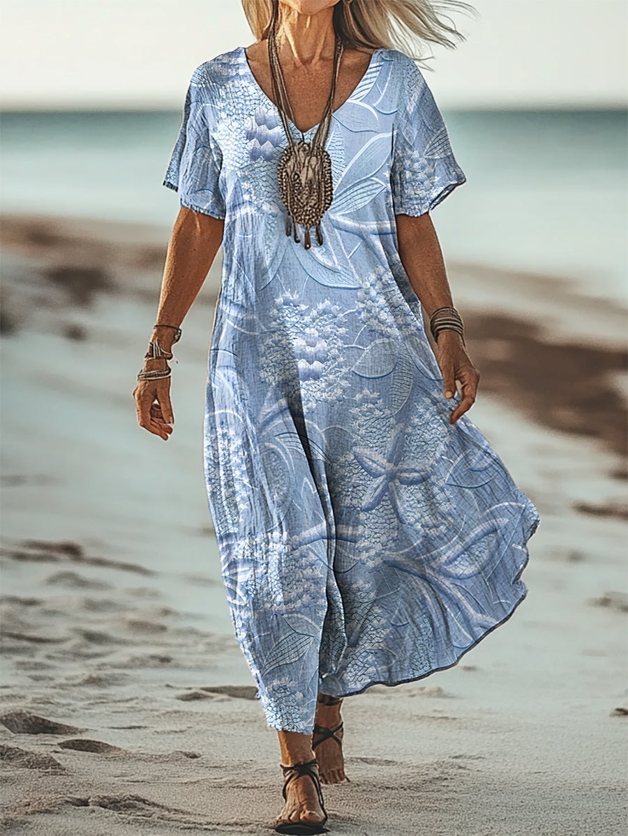 Women's Simple Floral Texture Art Print V Neck Pocket Cotton Dress