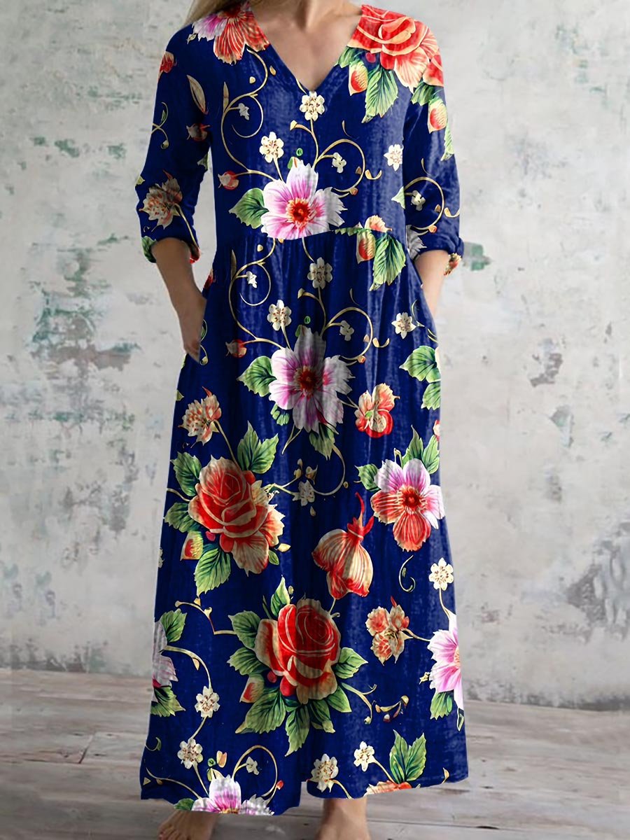 Women's Vintage Floral Print Casual Cotton Dress