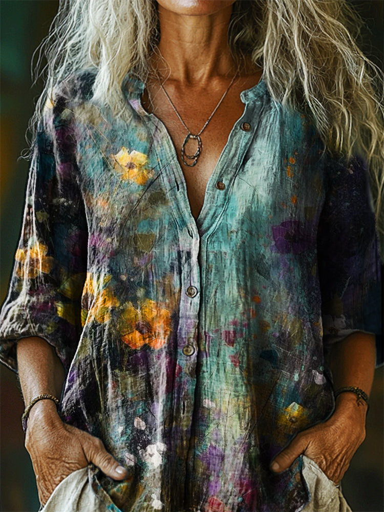 Women's Vintage Floral Art Print Casual Cotton Linen Shirt