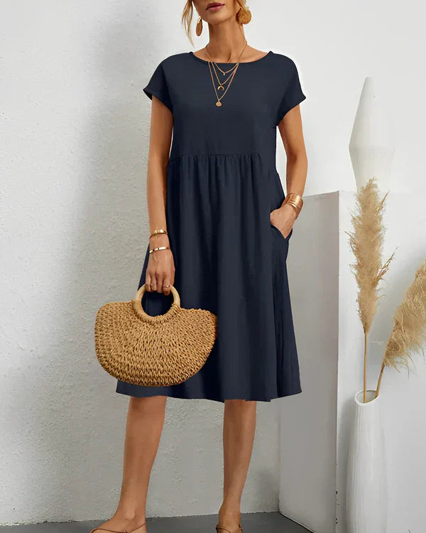 Cotton Gathered Waist Pocket Dress