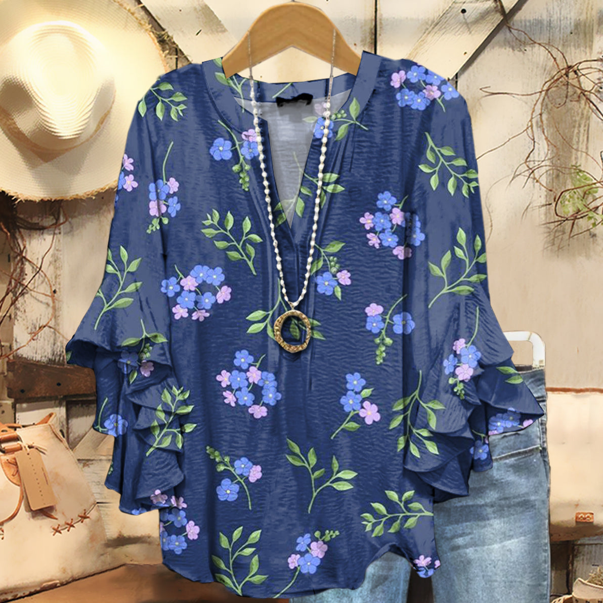 Women's Vintage Floral Art Print Casual Cotton And Linen Shirt