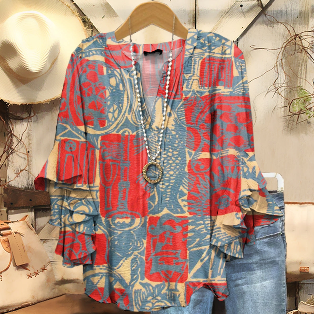 Women's Bohemian Ethnic Collage Art Pattern Print Casual Cotton Shirt