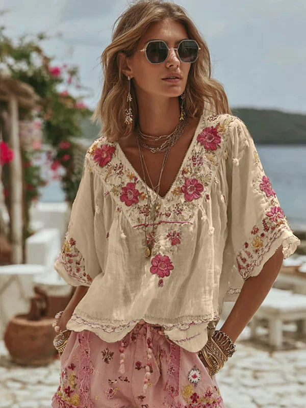 Linen Floral Embroidered Peasant Top