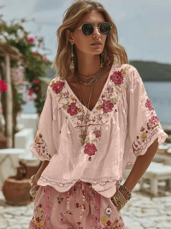 Linen Floral Embroidered Peasant Top