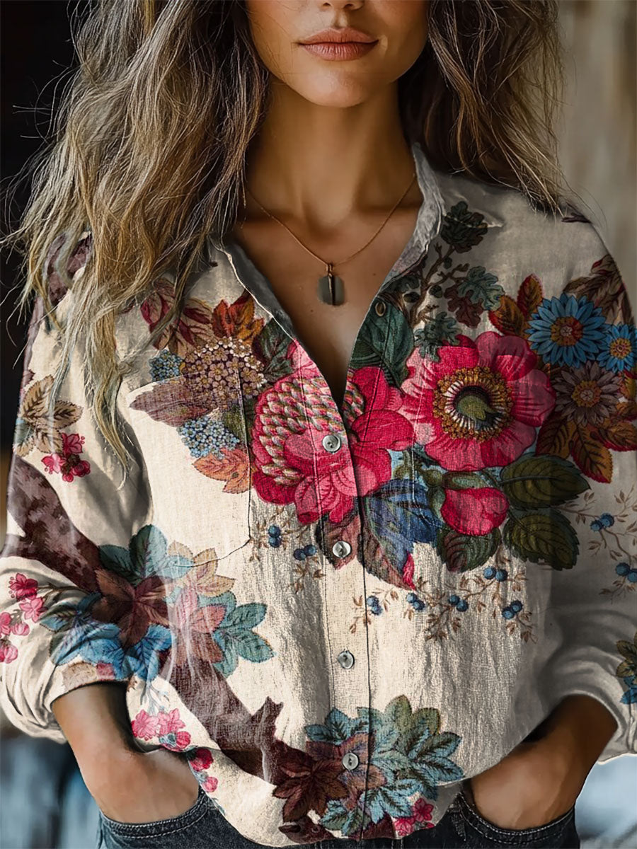 Women's Retro Flowers Print Casual Long Sleeve Comfortable Cotton Shir